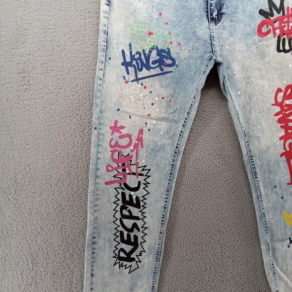 Argonaut Nation Jeans Mens 42x32 Blue Light Wash‎ Painted Graffiti Baggy Y2K - Picture 4 of 14